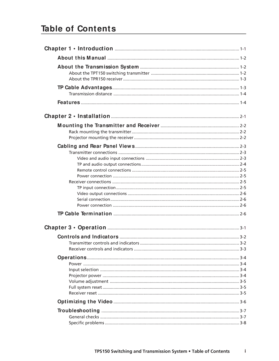 Extron electronic TPS150 manual Table of Contents 