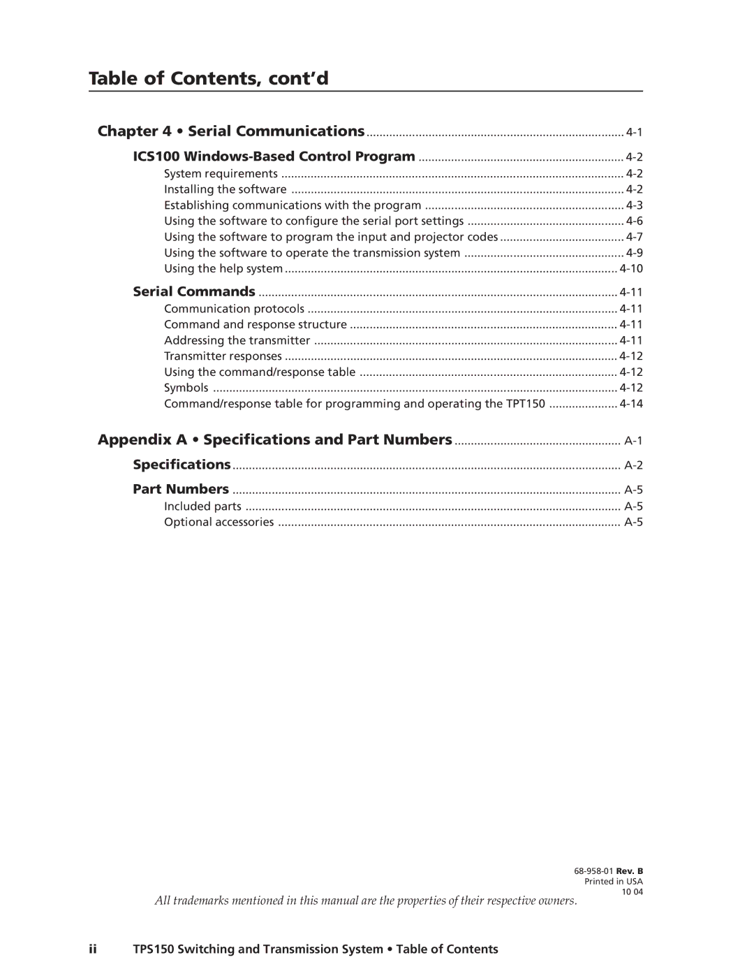 Extron electronic TPS150 manual Table of Contents, cont’d 