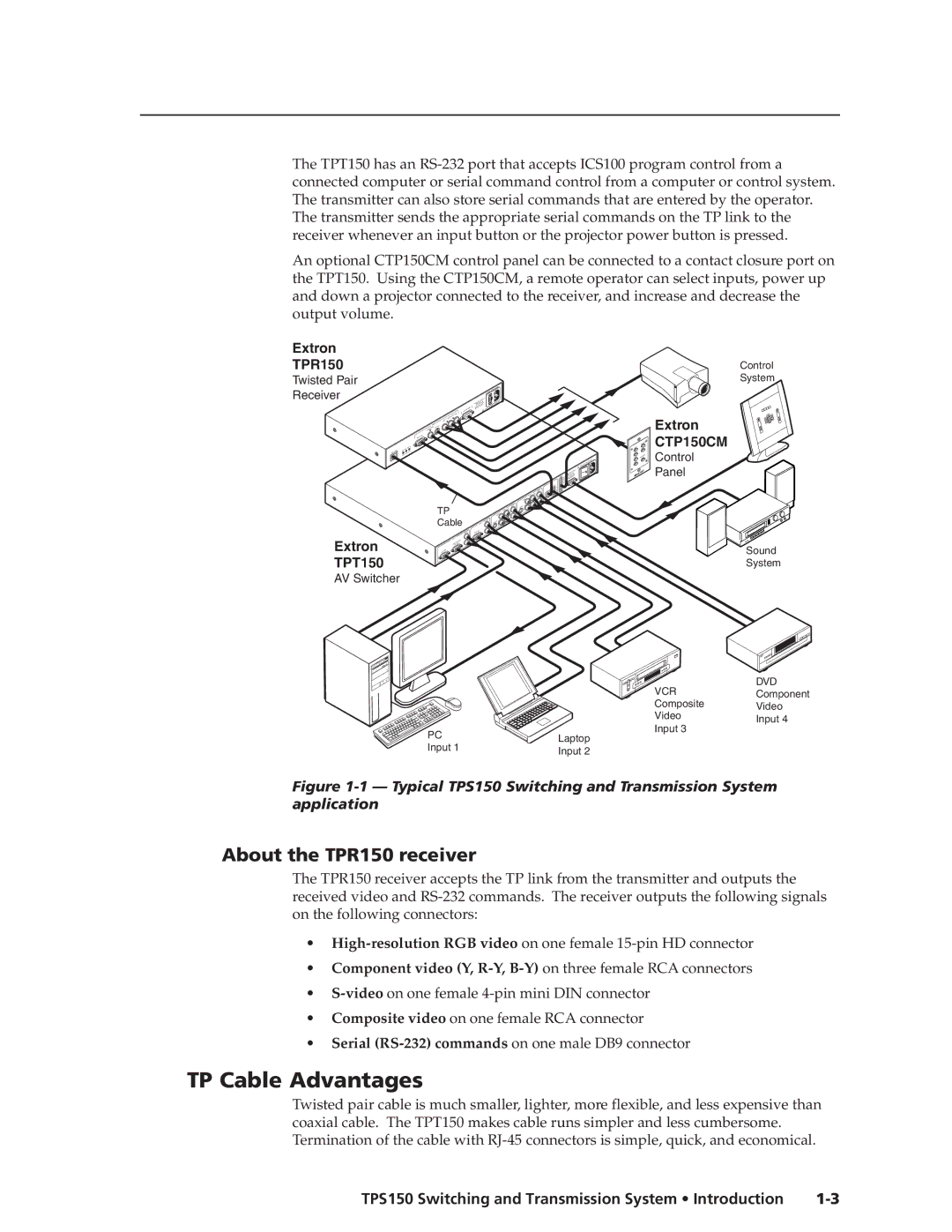 Extron electronic TPS150 TP Cable Advantages, About the TPR150 receiver, Serial RS-232 commands on one male DB9 connector 