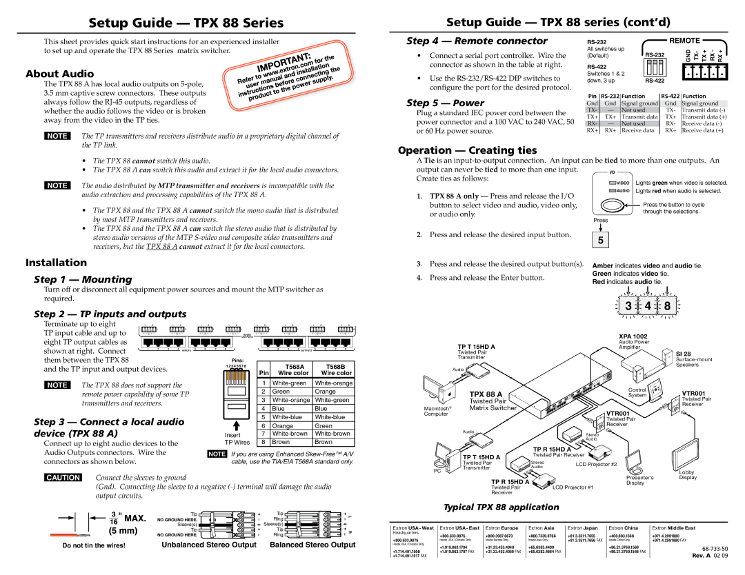 Extron electronic TPX 88 Series quick start About Audio, Operation Creating ties, Installation 