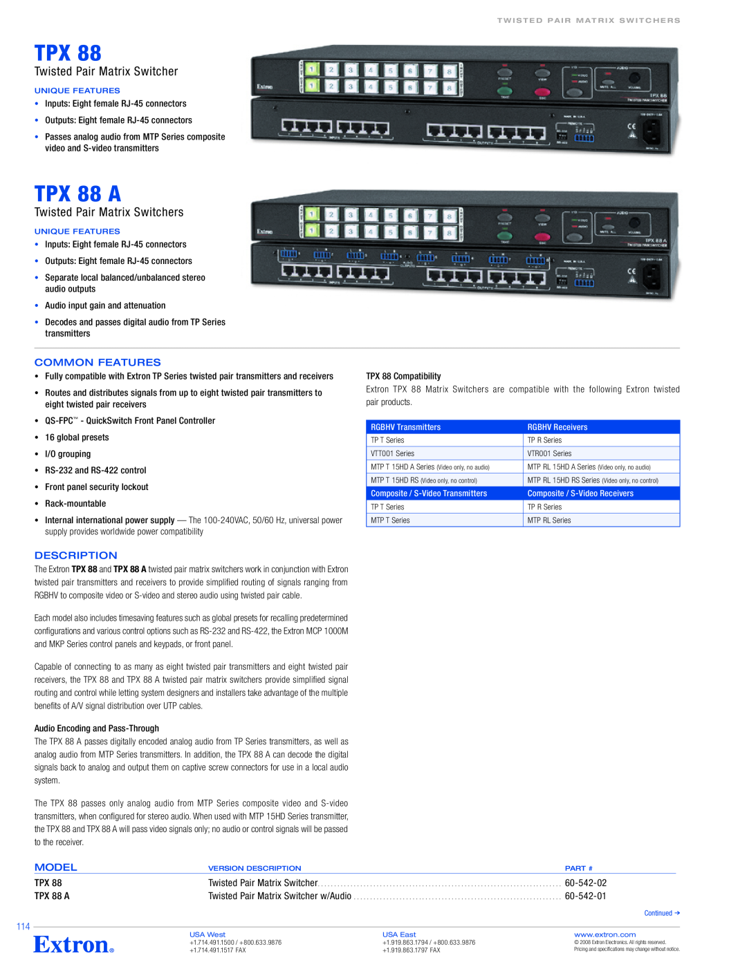 Extron electronic TPX 88 A specifications Common Features, Description, Model, 60-542-02, 60-542-01 