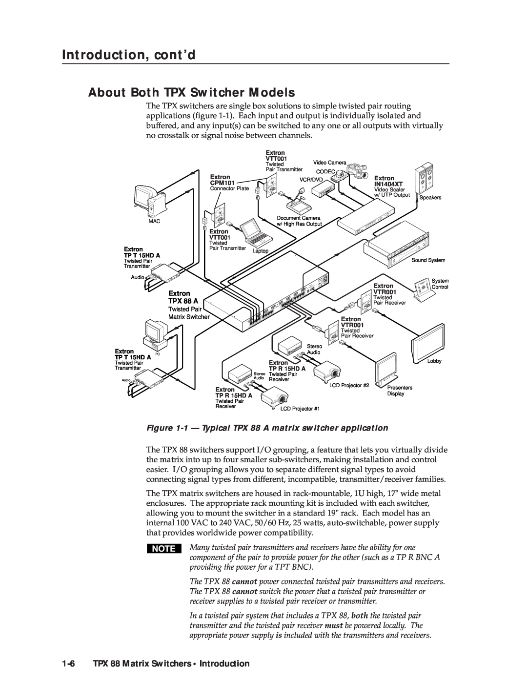 Extron electronic manual About Both TPX Switcher Models, 1 - Typical TPX 88 A matrix switcher application 