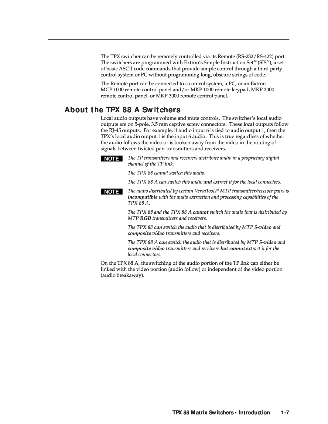 Extron electronic manual About the TPX 88 A Switchers, TPX 88 Matrix Switchers Introduction 