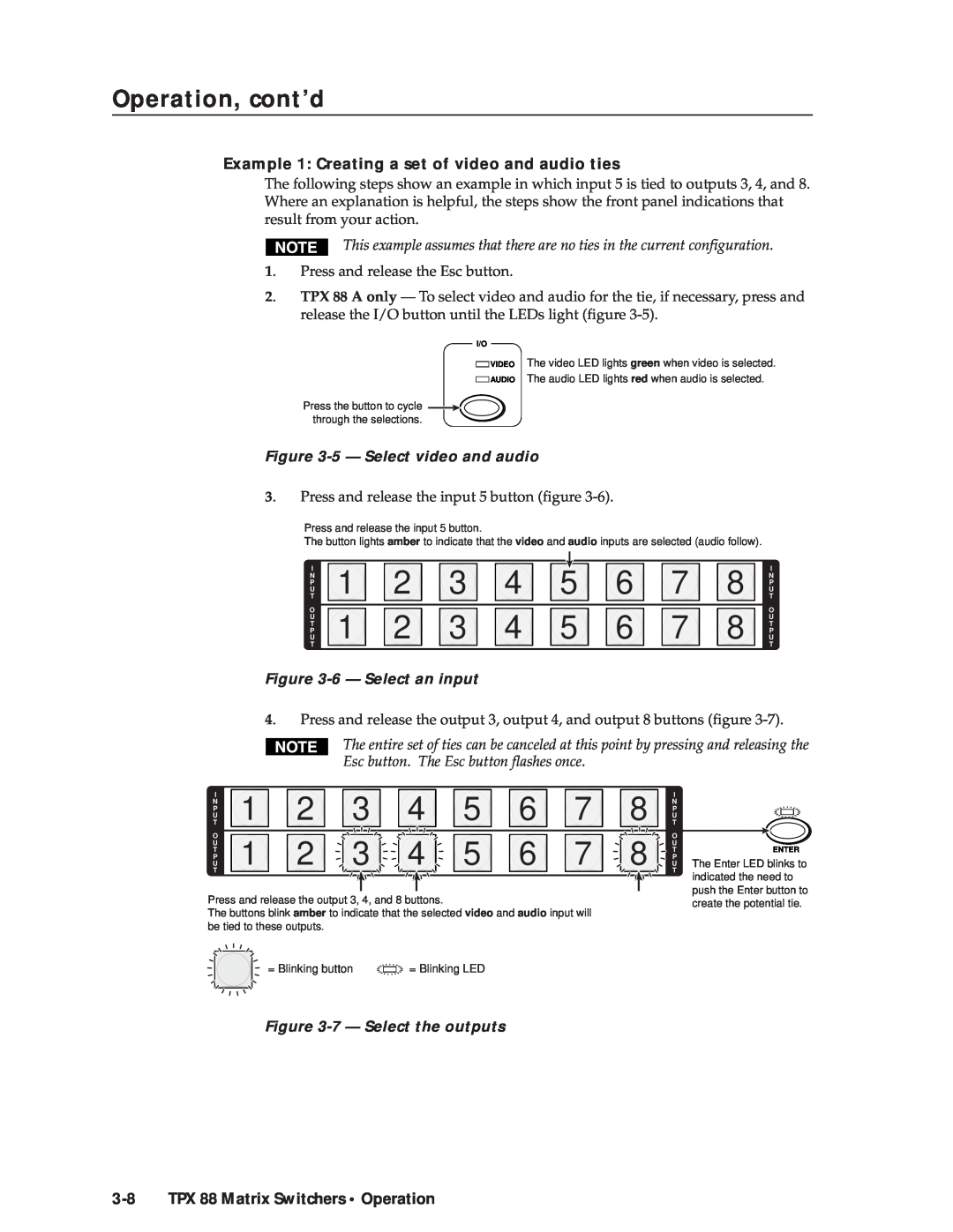 Extron electronic TPX 88 1 2 3 4 5 6 7 1 2 3 4 5 6 7, Example 1 Creating a set of video and audio ties, Operation, cont’d 