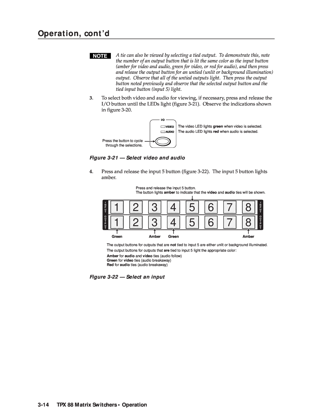 Extron electronic TPX 88 A manual 21 - Select video and audio, 22 - Select an input, TPX 88 Matrix Switchers Operation 