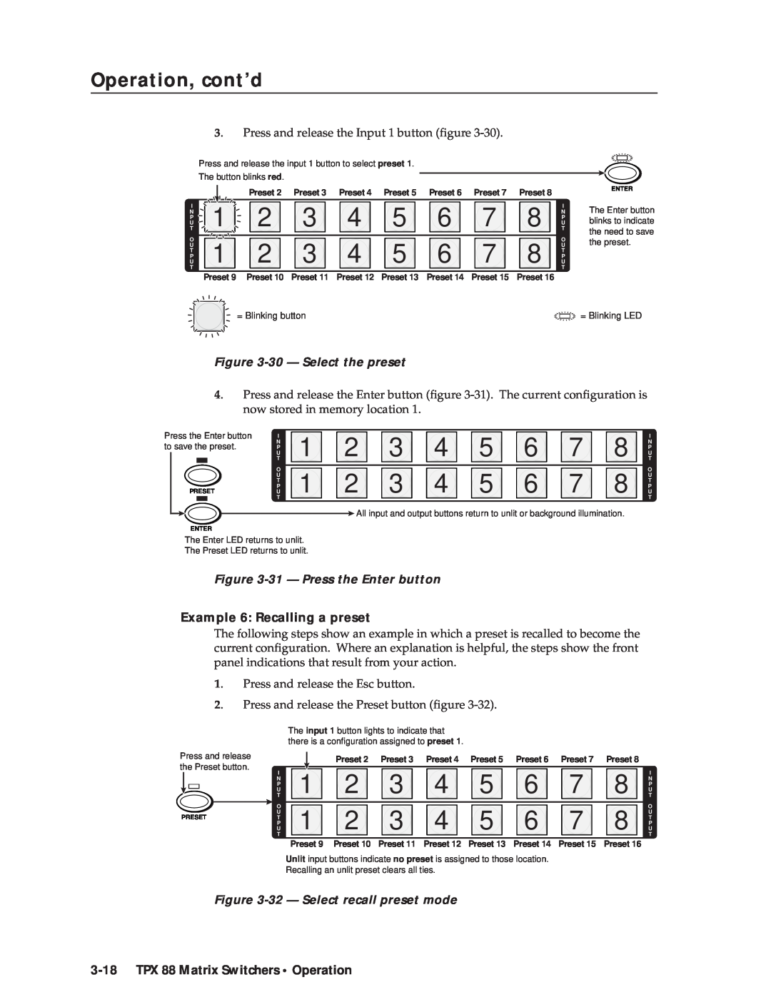 Extron electronic TPX 88 30 - Select the preset, 31 - Press the Enter button, Example 6 Recalling a preset, = Blinking LED 