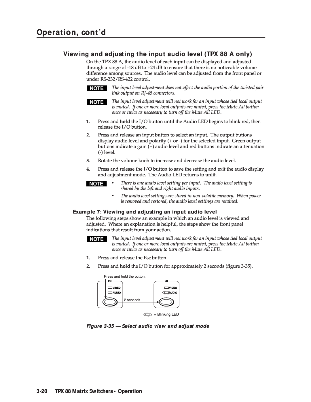 Extron electronic manual Viewing and adjusting the input audio level TPX 88 A only, Press and release the Esc button 