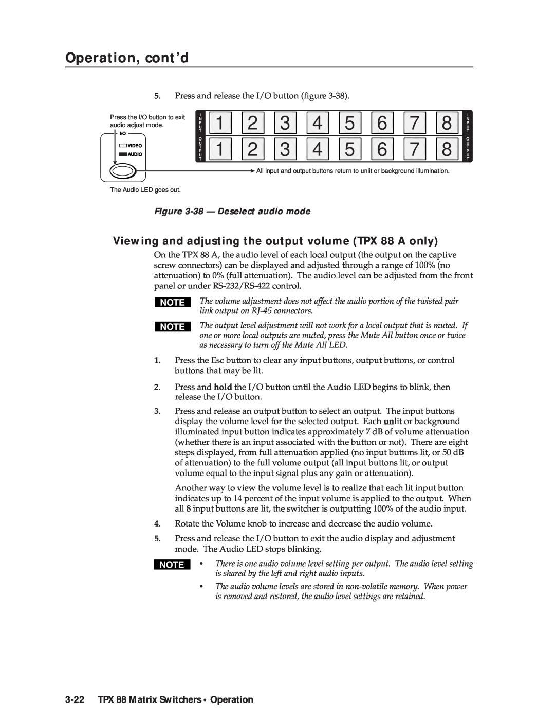 Extron electronic Viewing and adjusting the output volume TPX 88 A only, 38 - Deselect audio mode, Operation, cont’d 