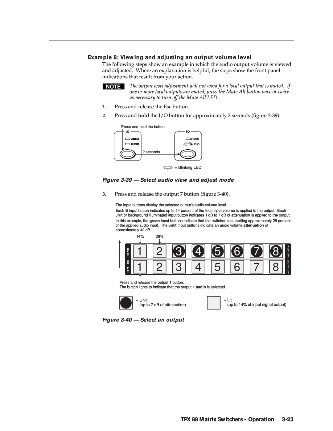 Extron electronic TPX 88 A 1 2 3 4 5 6 7, Example 8 Viewing and adjusting an output volume level, 40 - Select an output 