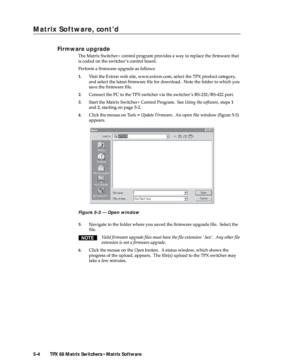 Extron electronic TPX 88 A manual Matrix Software, cont’d, Firmware upgrade, 3 - Open window 