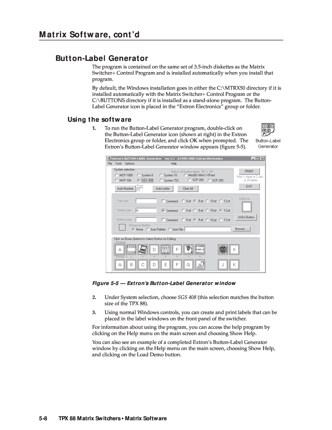 Extron electronic TPX 88 A 5 - Extron’s Button-Label Generator window, TPX 88 Matrix Switchers Matrix Software 