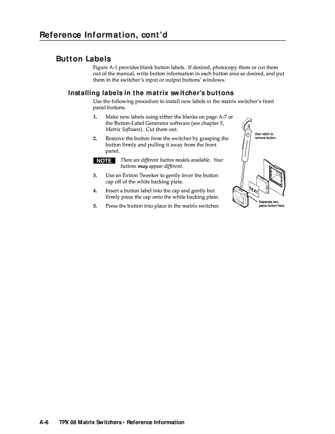 Extron electronic TPX 88 Button Labels, Installing labels in the matrix switcher’s buttons, Reference Information, cont’d 