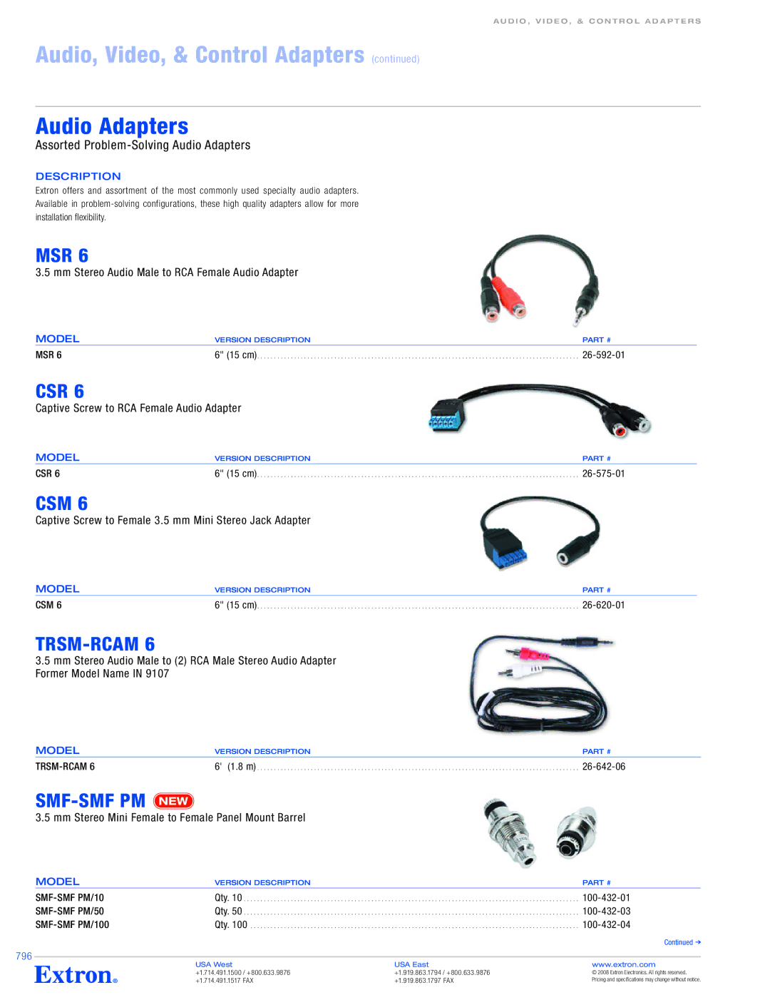 Extron electronic MSR 6, TRSM-RCAM 6, SMF-SMF PM/10, SMF-SMF PM/50 specifications Msr, Csr, Csm, Trsm-Rcam, Smf-Smf Pm 