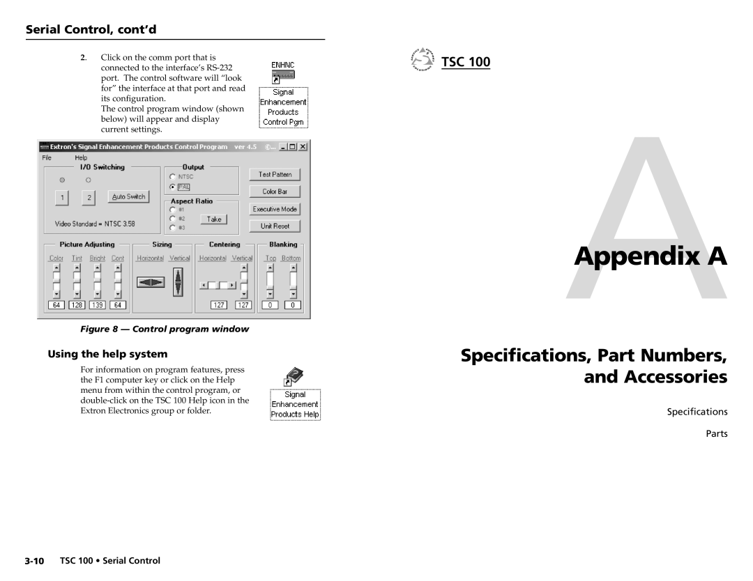 Extron electronic TSC 100 user manual AAppendix a, Specifications, Part Numbers, and Accessories, Using the help system 