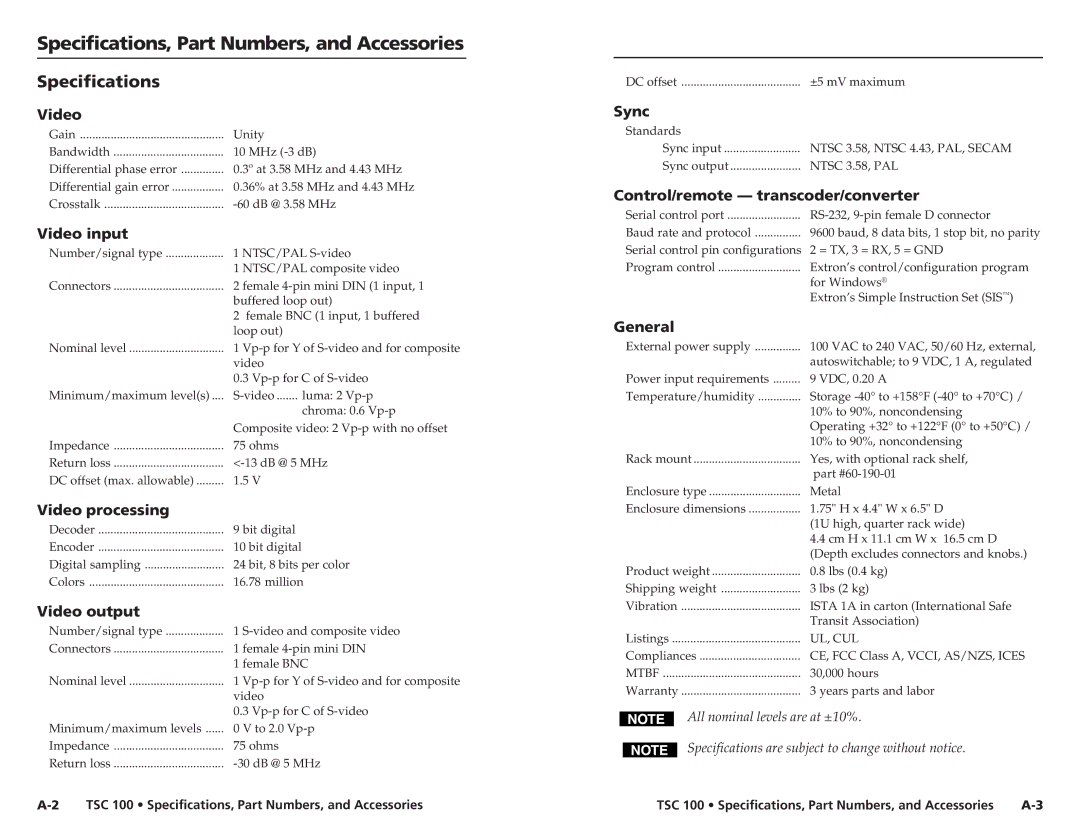 Extron electronic TSC 100 user manual Specifications, Part Numbers, and Accessories 