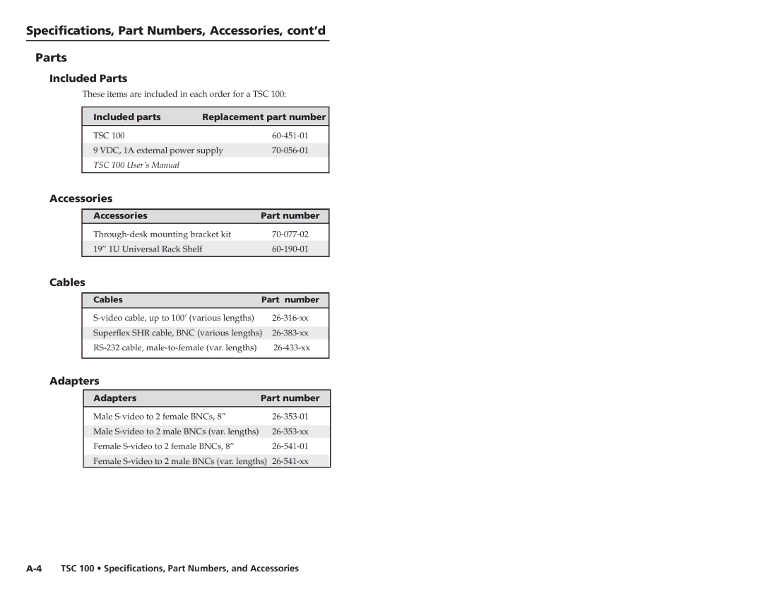 Extron electronic TSC 100 Specifications, Part Numbers, Accessories, cont’d Parts, Included Parts, Cables, Adapters 