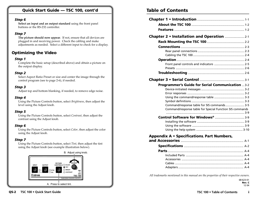 Extron electronic TSC 100 user manual Table of Contents 