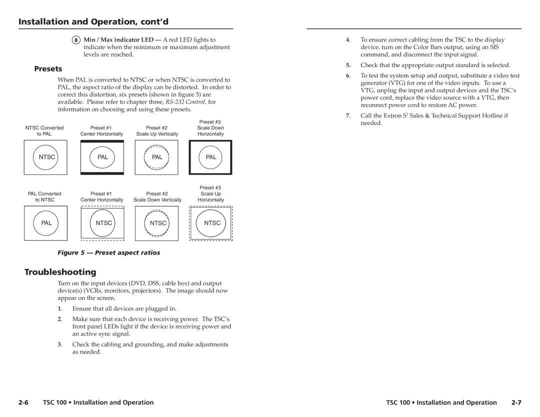 Extron electronic TSC 100 user manual Troubleshooting, Presets 