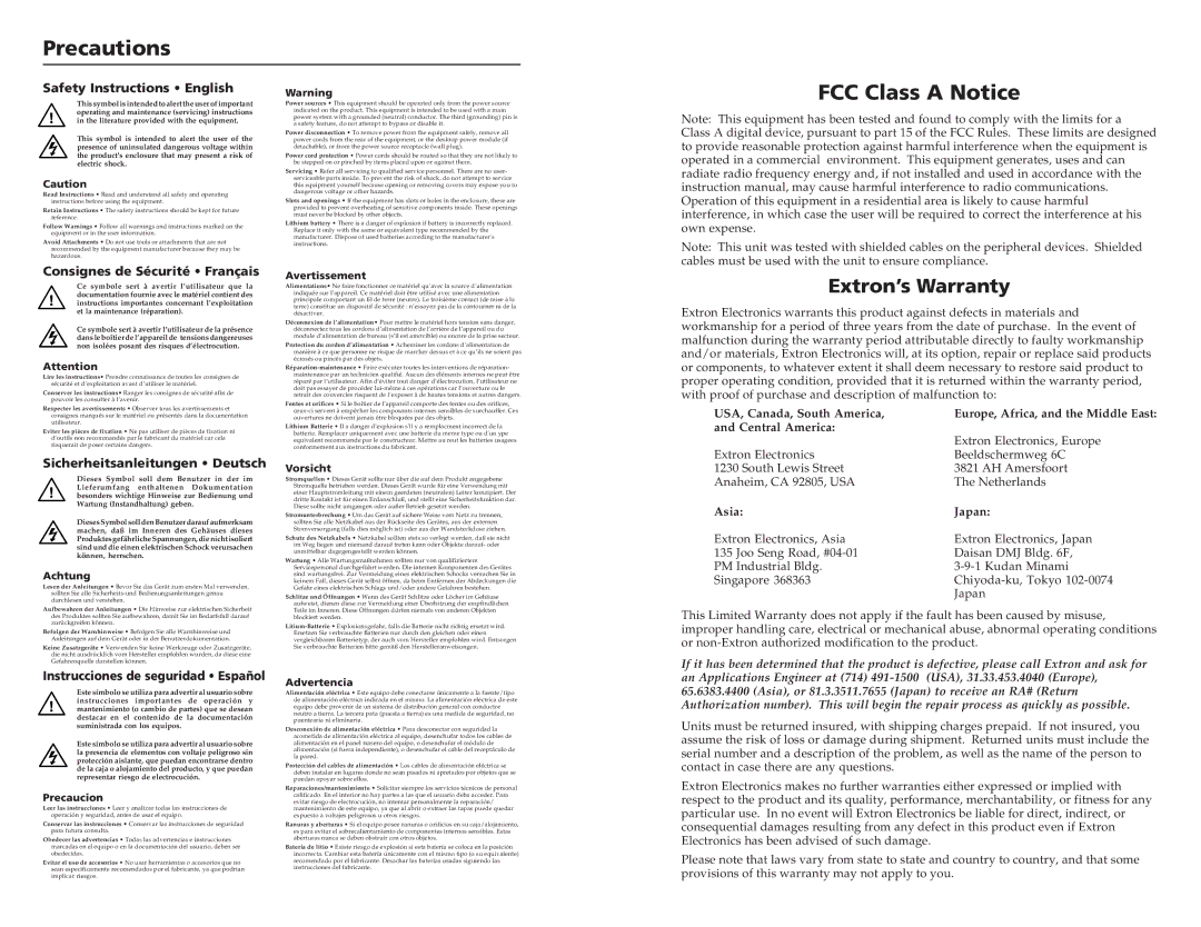 Extron electronic TSC 100 user manual Precautions, FCC Class a Notice, Extron’s Warranty 