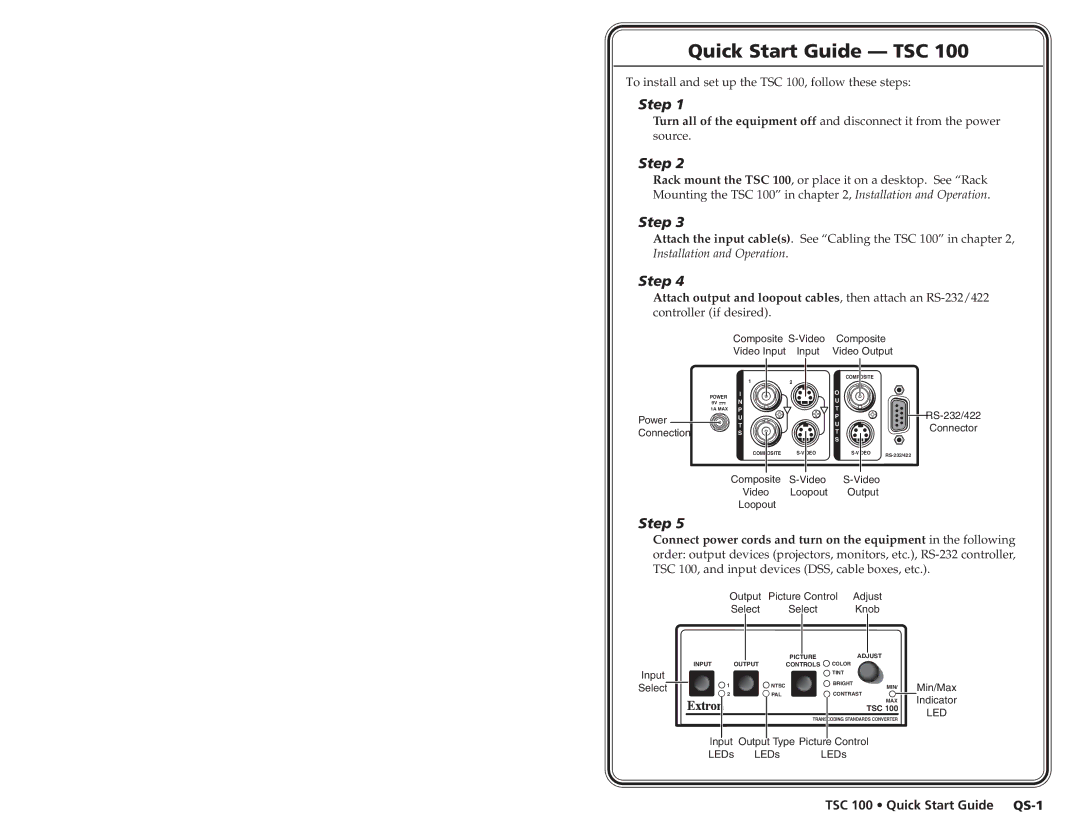 Extron electronic TSC 100 user manual Quick Start Guide TSC, Power Connection 