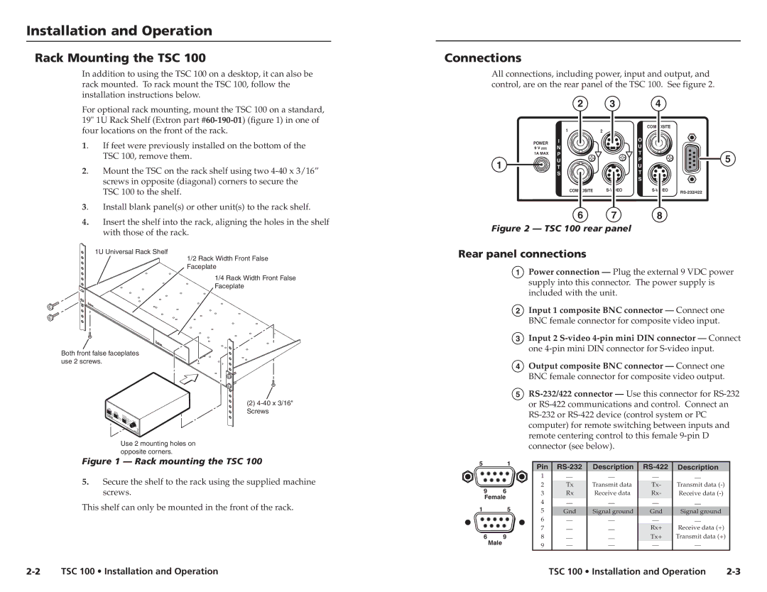 Extron electronic TSC 100 Installation and Operation, Rack Mounting the TSC, Connections, Rear panel connections 