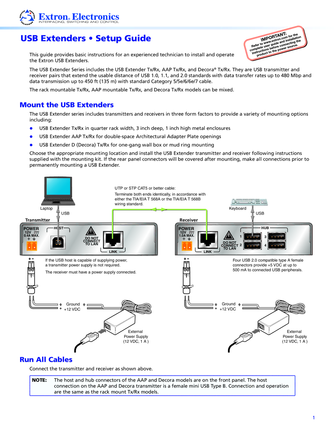 Extron electronic AAP TX/RX, DECORA TX/RX setup guide Mount the USB Extenders, Run All Cables 