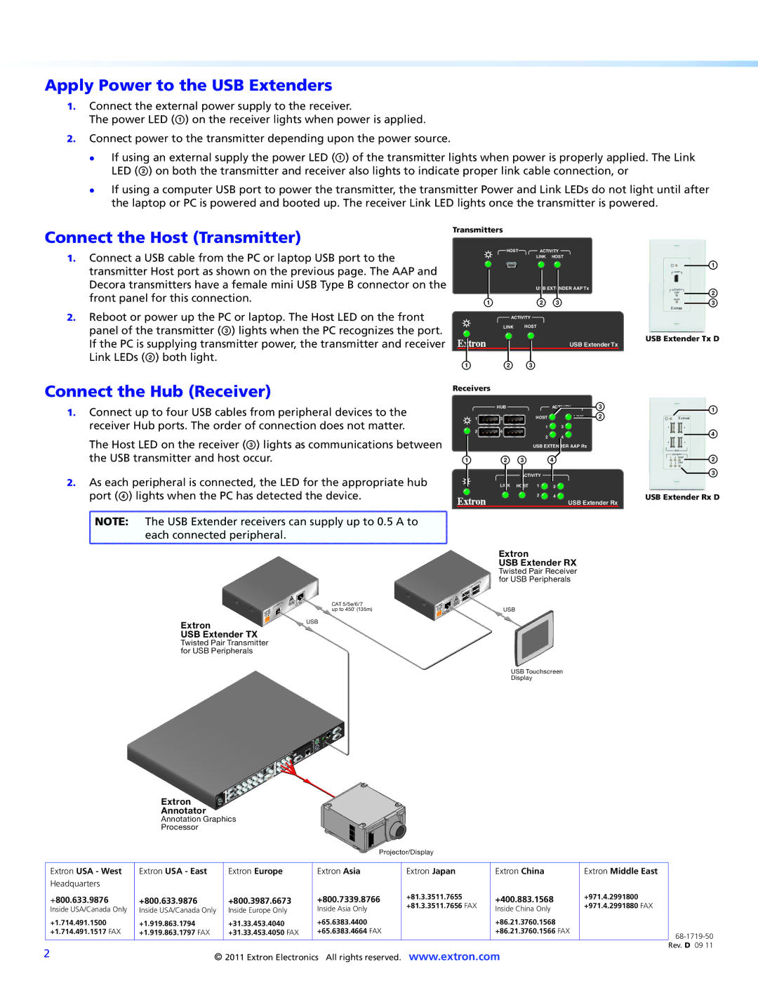 Extron electronic DECORA TX/RX Apply Power to the USB Extenders, Connect the Host Transmitter, Connect the Hub Receiver 