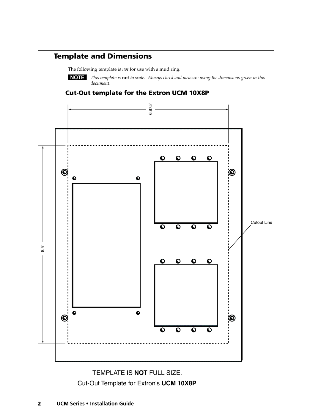 Extron electronic UCM-10X8P, UCM-RAAP manual Template and Dimensions, Cut-Out template for the Extron UCM 10X8P 