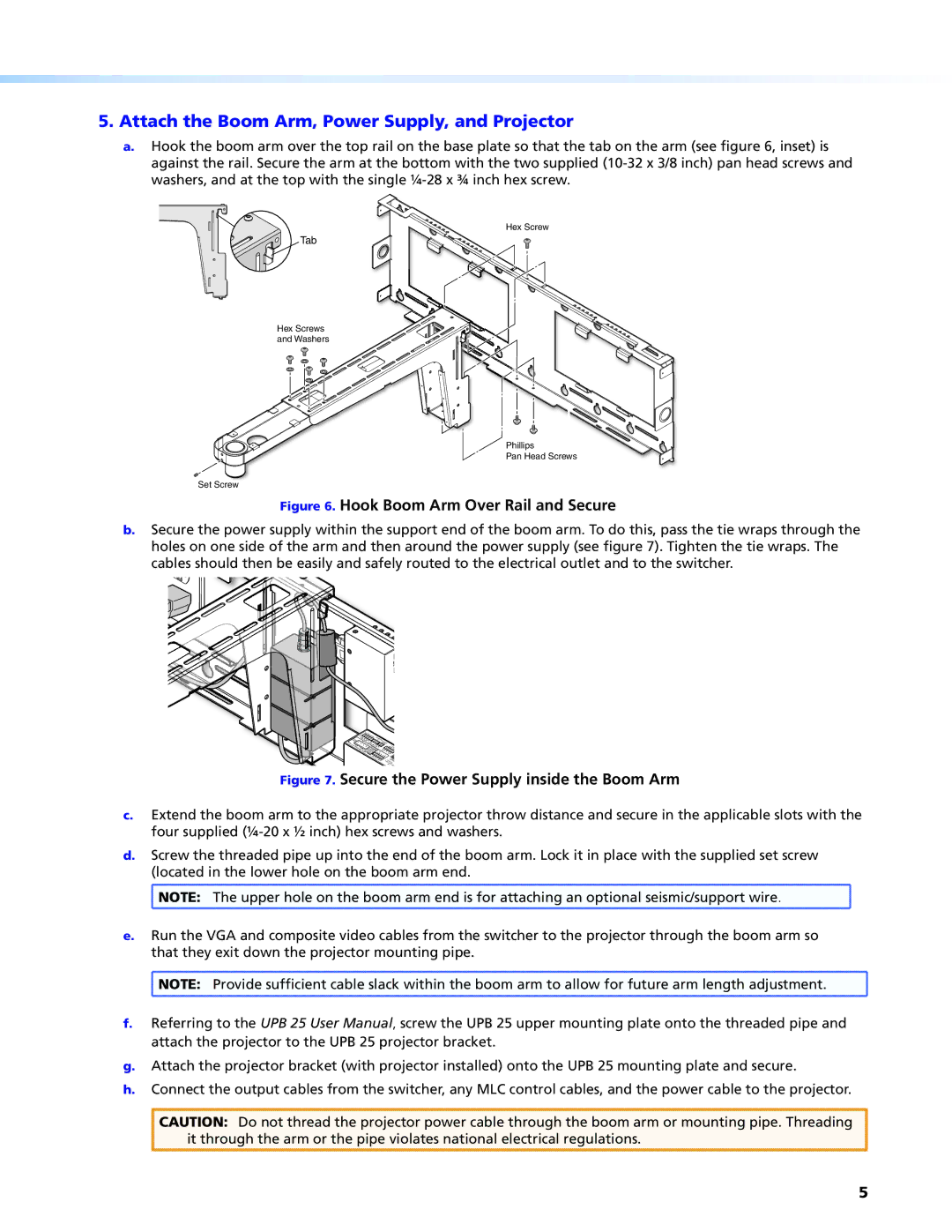 Extron electronic USFM 100 manual Attach the Boom Arm, Power Supply, and Projector, Hook Boom Arm Over Rail and Secure 