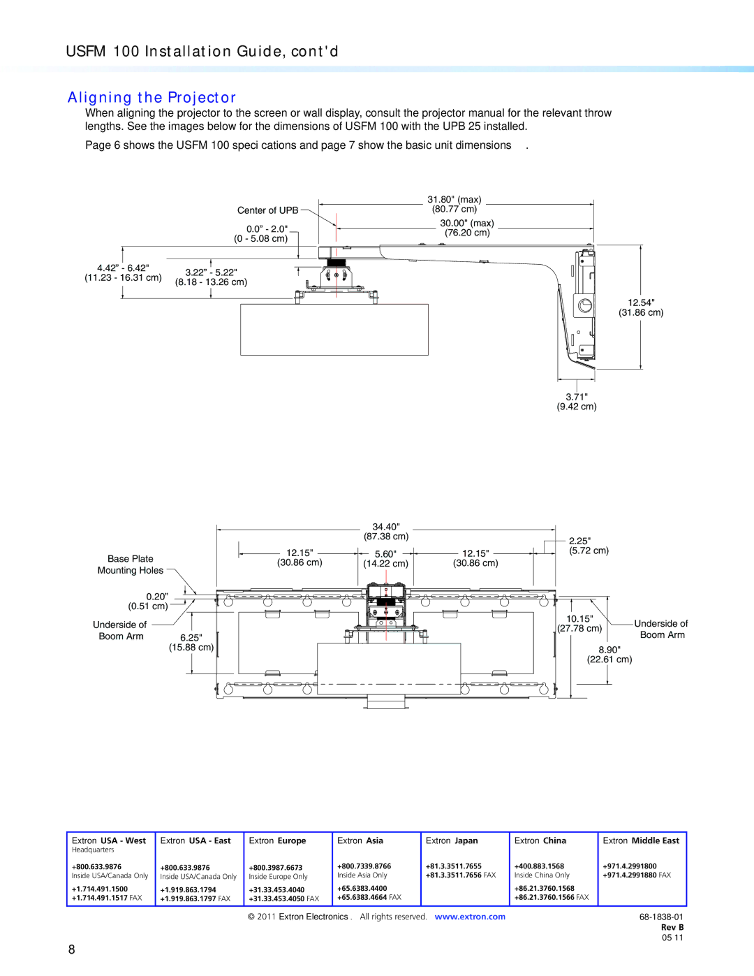 Extron electronic USFM 100 manual Aligning the Projector, Boom Arm 