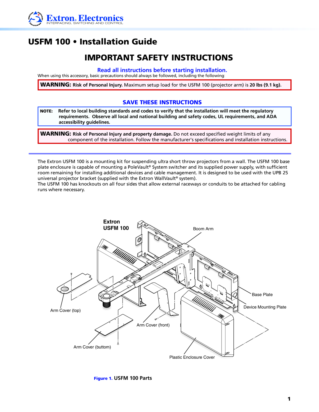 Extron electronic USFM 100 important safety instructions Read all instructions before starting installation, Extron, Usfm 