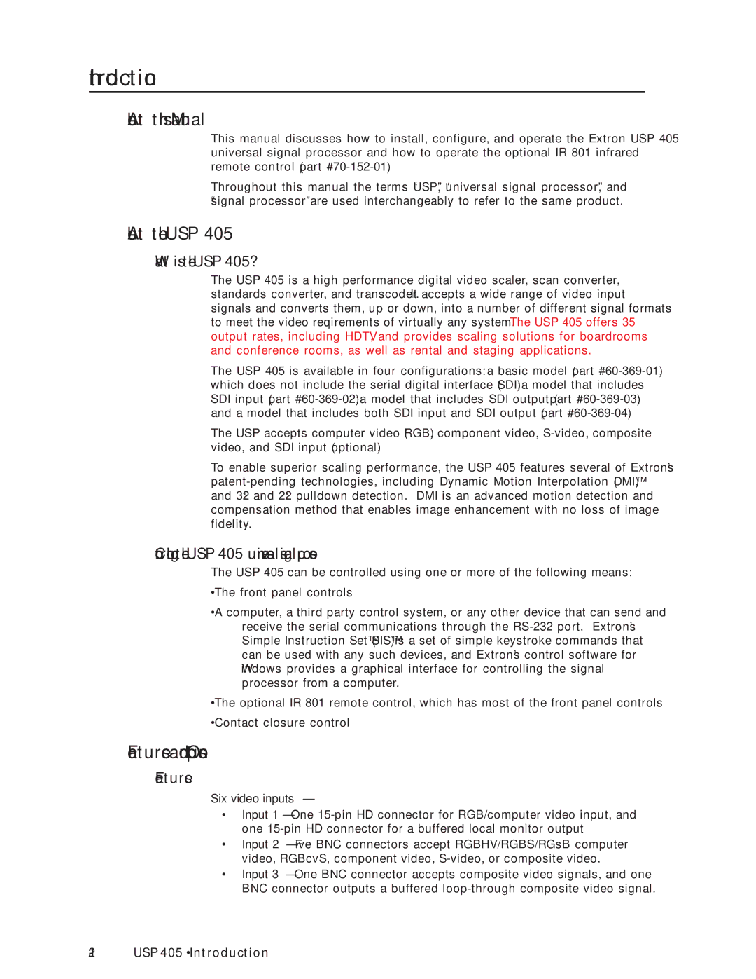 Extron electronic USP 405 manual About this Manual, About the USP, Features and Options 