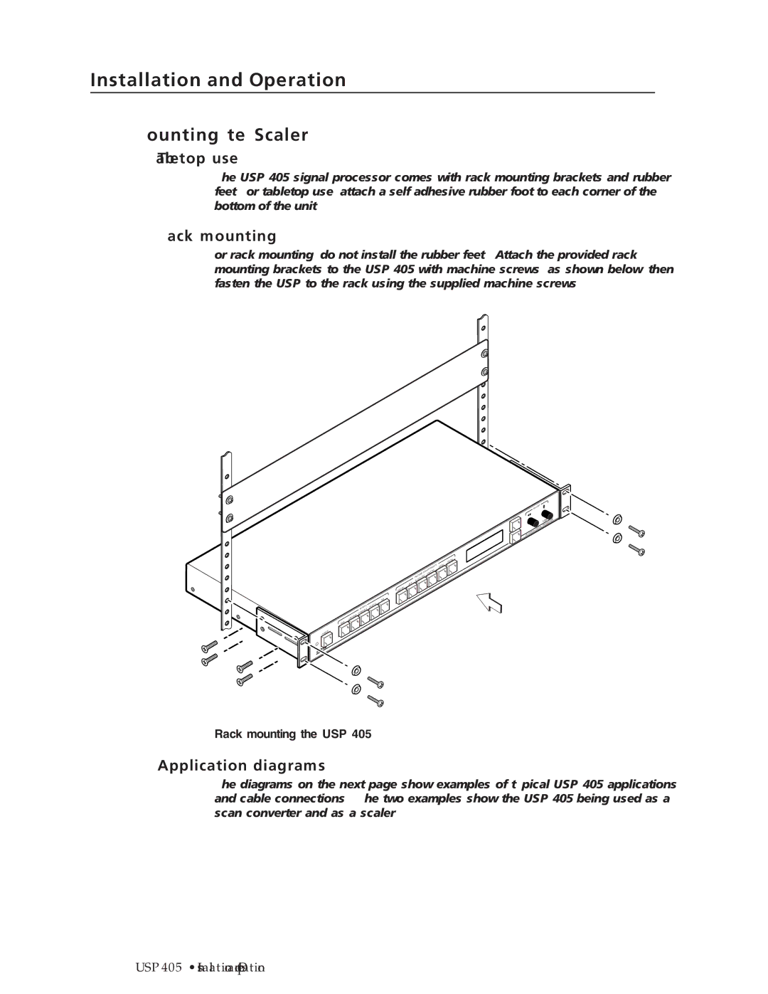 Extron electronic USP 405 manual Mounting the Scaler, Tabletop use, Application diagrams, Rack mounting the USP 