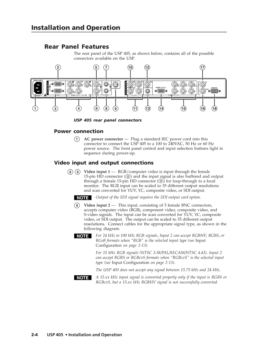 Extron electronic USP 405 manual Rear Panel Features, Power connection, Video input and output connections 