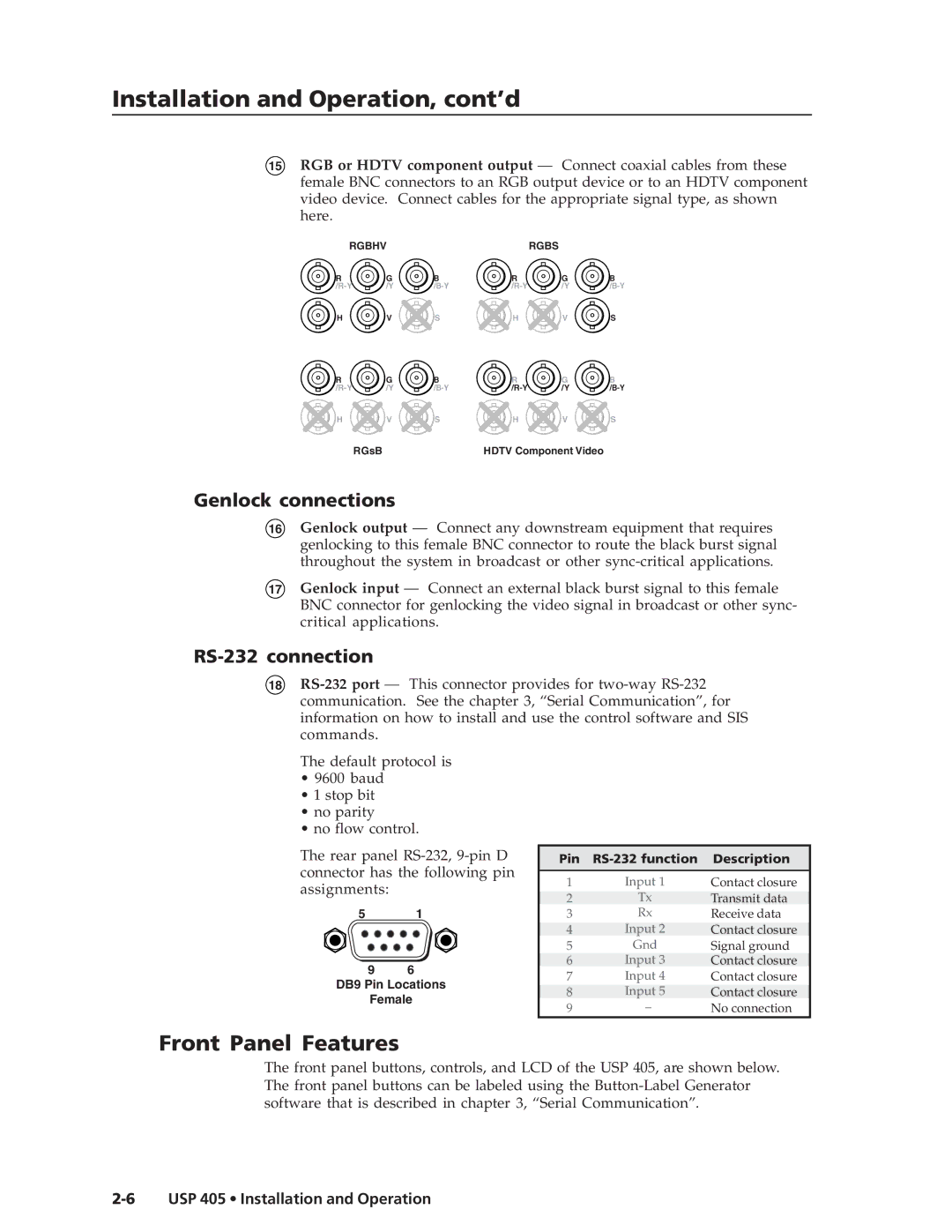 Extron electronic USP 405 manual Front Panel Features, Genlock connections, RS-232 connection 