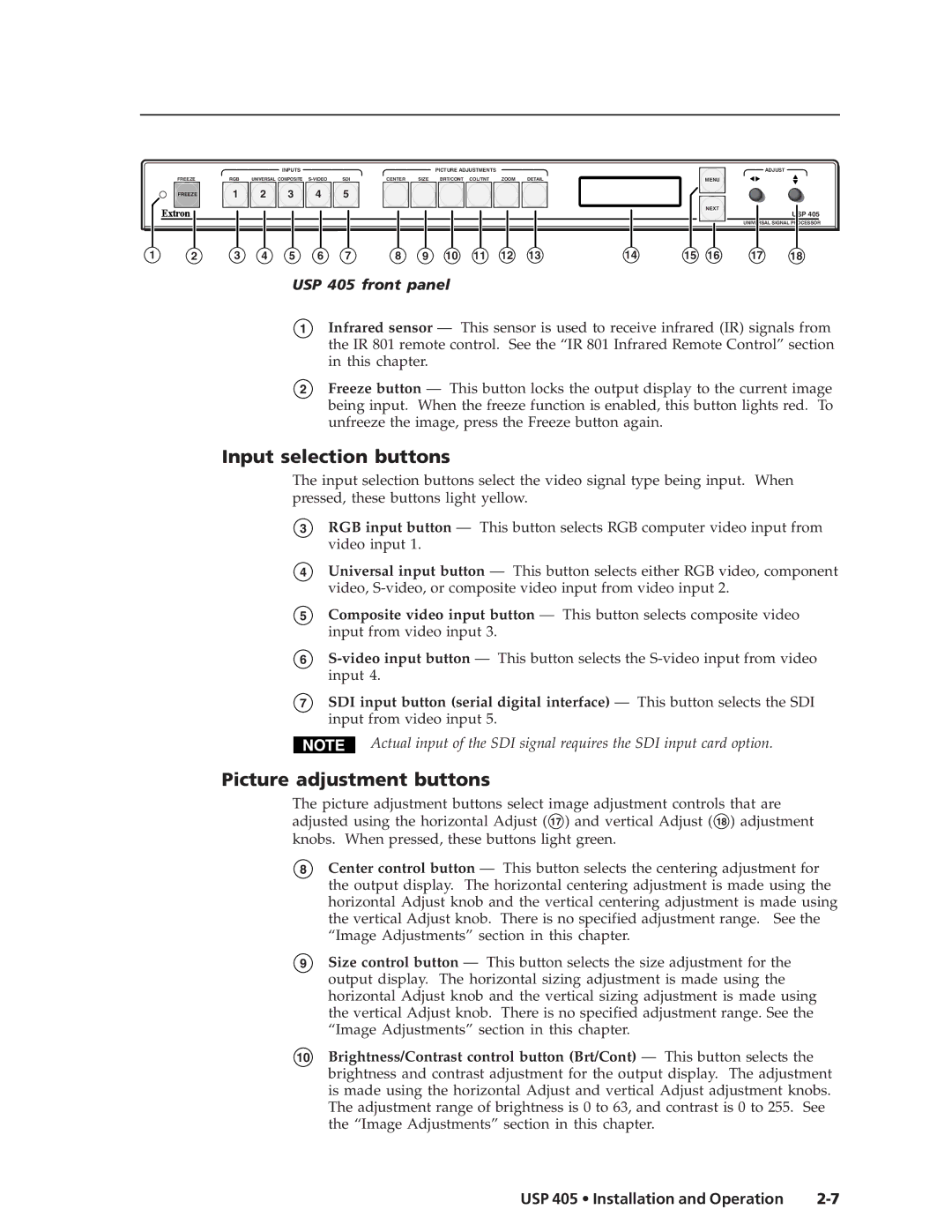 Extron electronic manual Input selection buttons, Picture adjustment buttons, USP 405 front panel 