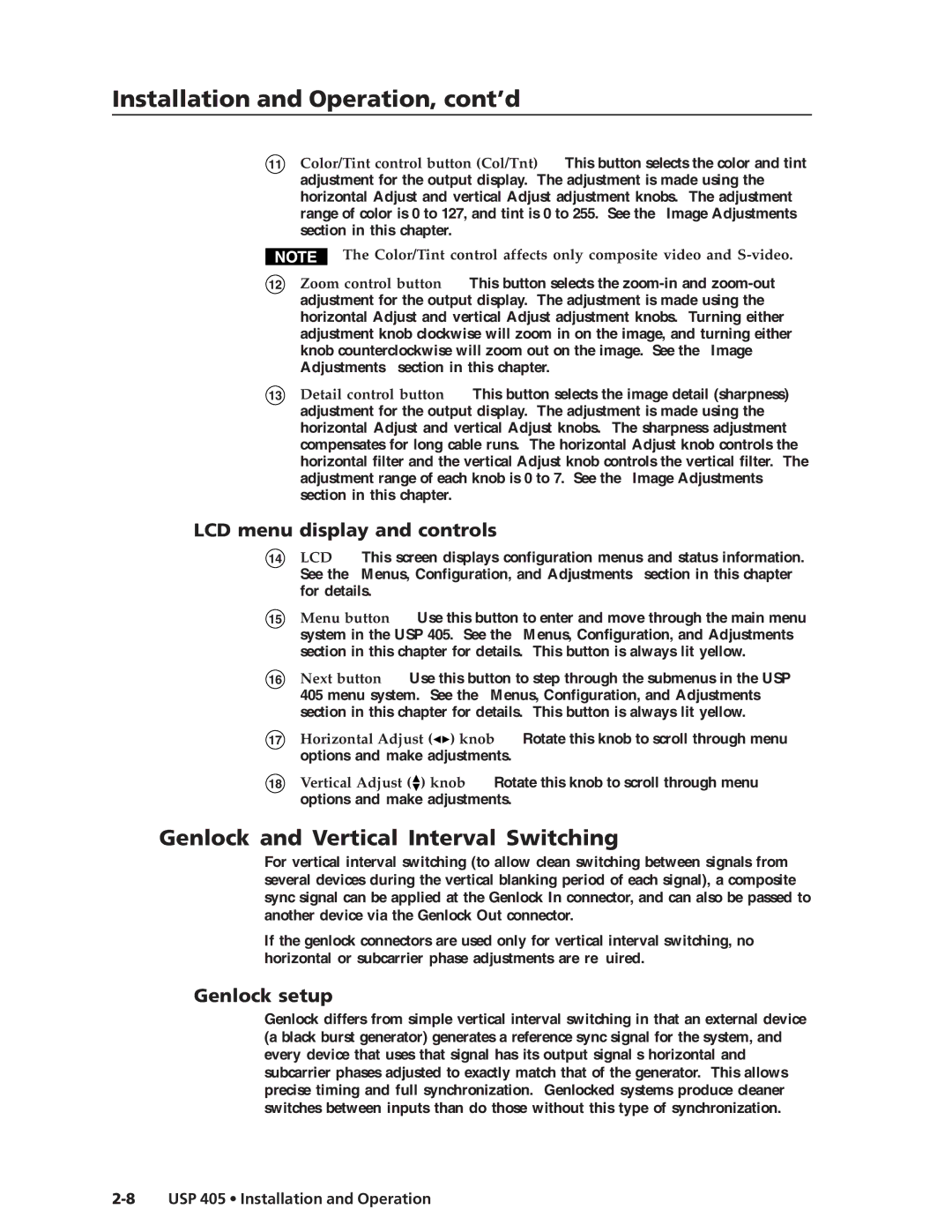 Extron electronic USP 405 manual Genlock and Vertical Interval Switching, LCD menu display and controls, Genlock setup 