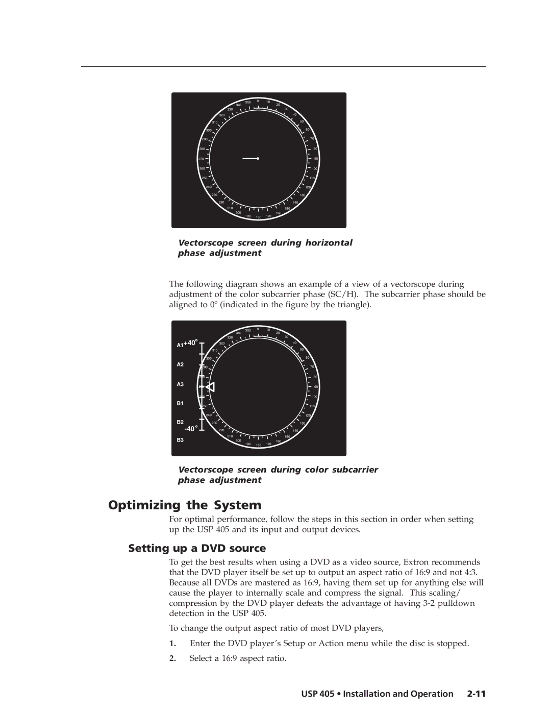 Extron electronic USP 405 manual Optimizing the System, Setting up a DVD source 