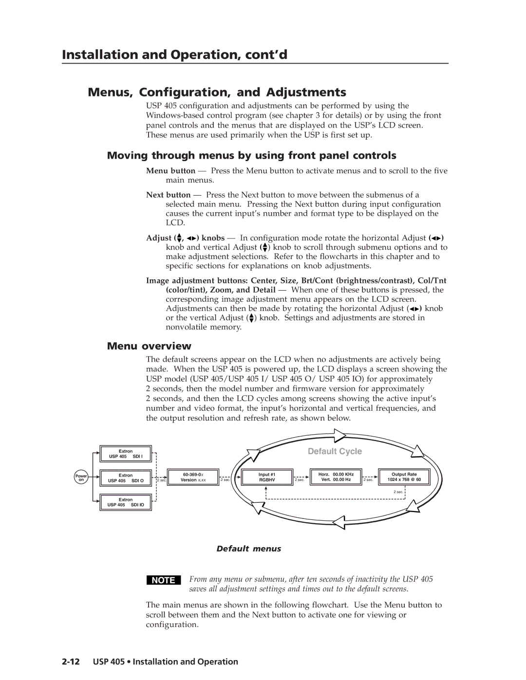 Extron electronic USP 405 manual Menus, Configuration, and Adjustments, Moving through menus by using front panel controls 