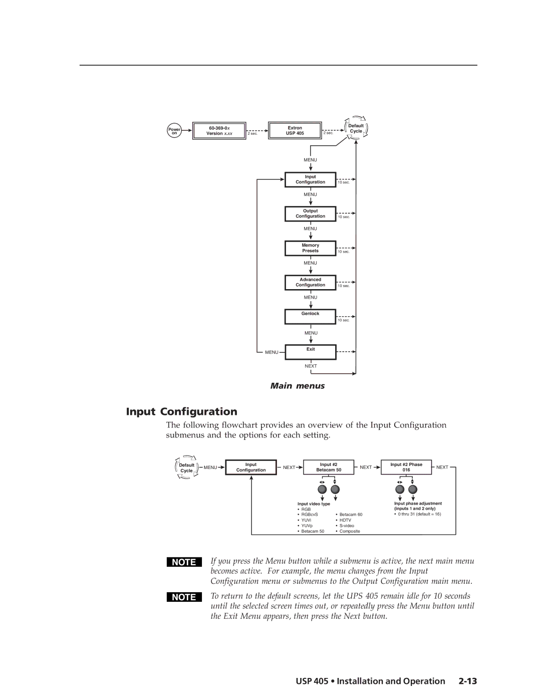 Extron electronic USP 405 manual Input Configuration, Main menus 