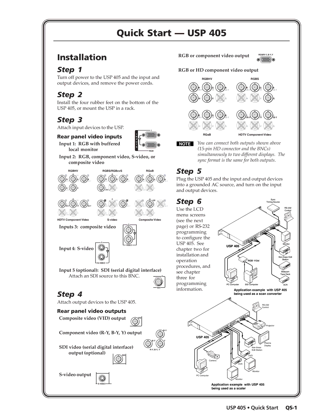 Extron electronic manual Rear panel video inputs N, Rear panel video outputs, USP 405 Quick Start QS-1 