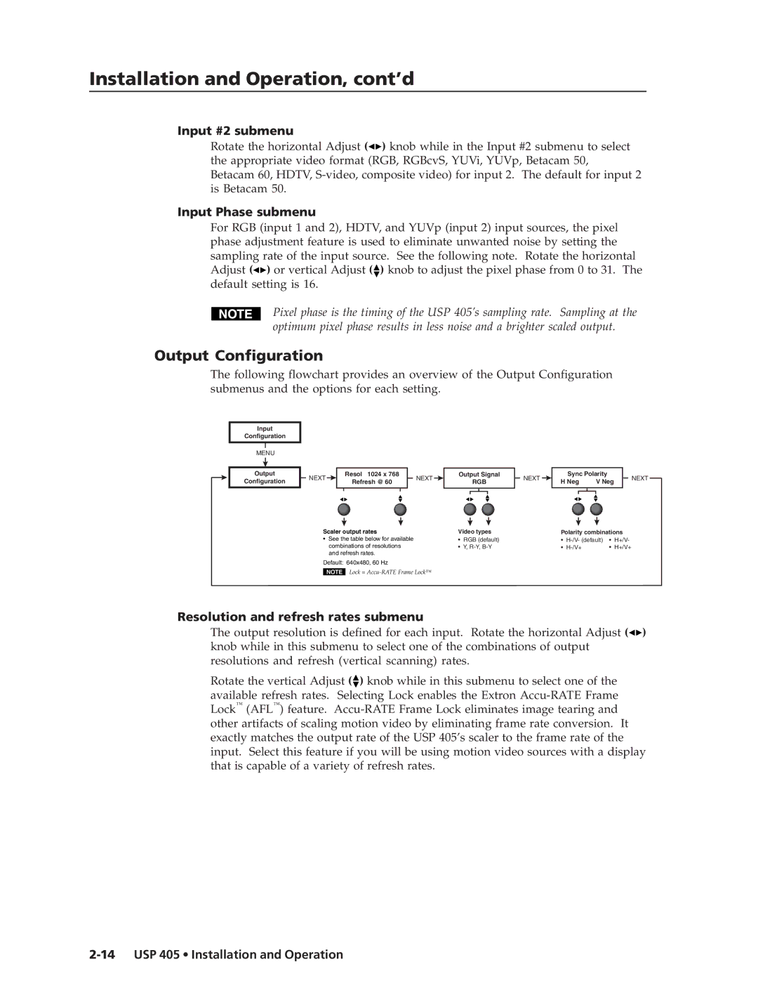 Extron electronic USP 405 manual Output Configuration, Input #2 submenu, Input Phase submenu 