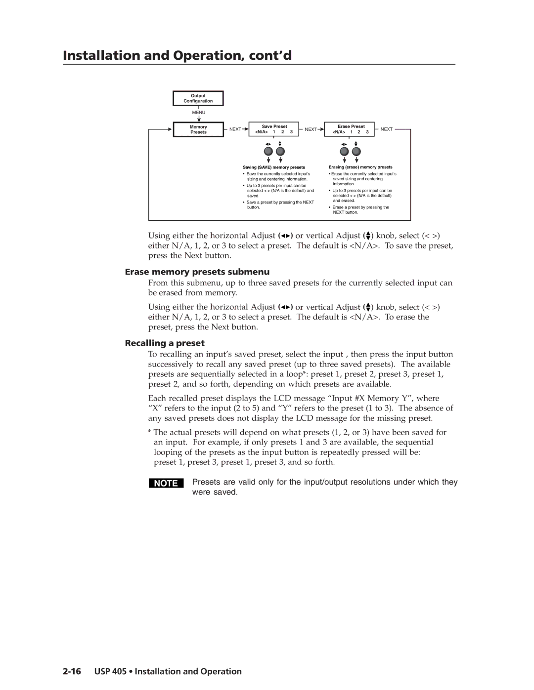 Extron electronic USP 405 manual Erase memory presets submenu, Recalling a preset 