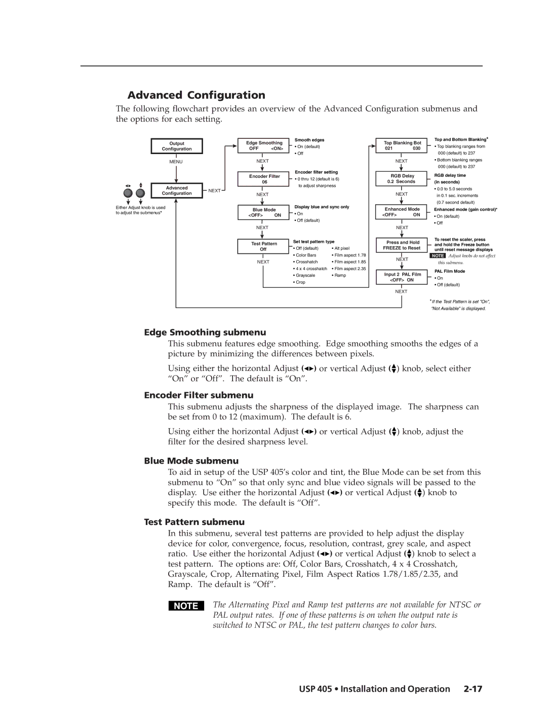 Extron electronic USP 405 manual Advanced Configuration, Edge Smoothing submenu, Encoder Filter submenu, Blue Mode submenu 