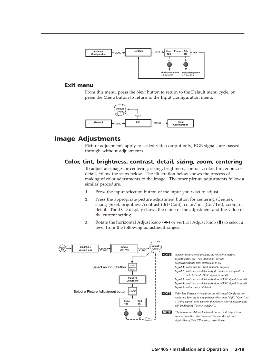 Extron electronic USP 405 manual Image Adjustments, Exit menu 