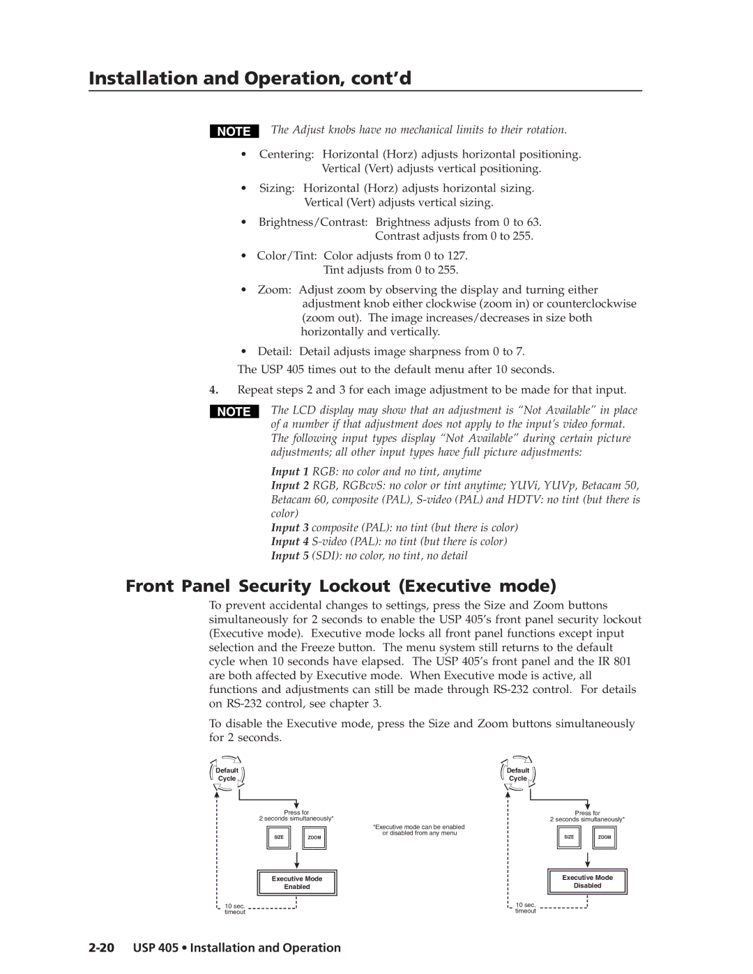 Extron electronic USP 405 manual Front Panel Security Lockout Executive mode 