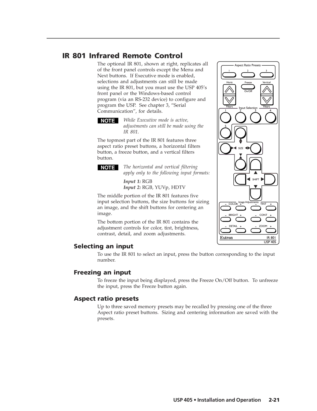 Extron electronic USP 405 IR 801 Infrared Remote Control, Selecting an input, Freezing an input, Aspect ratio presets 