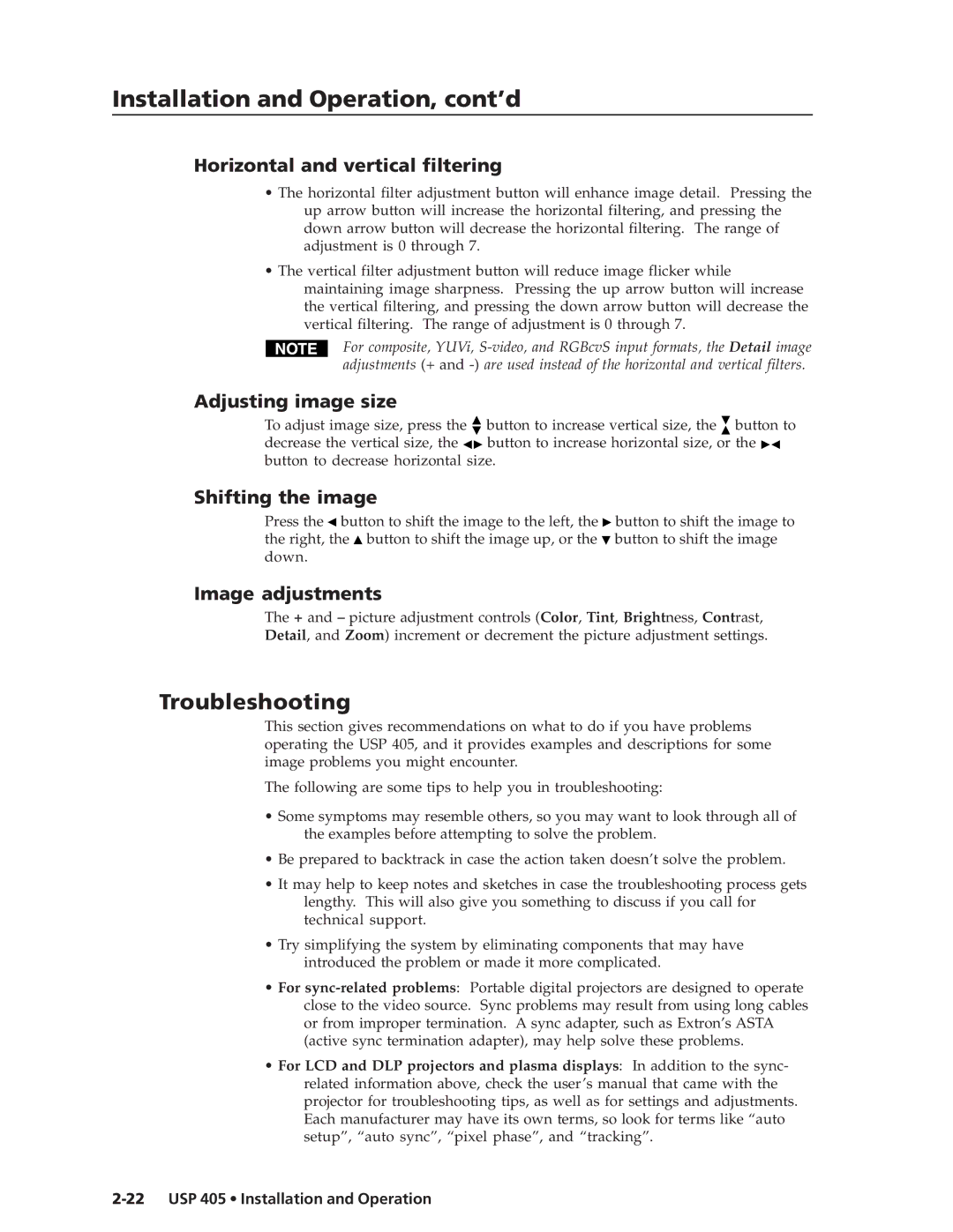 Extron electronic USP 405 Troubleshooting, Horizontal and vertical filtering, Adjusting image size, Shifting the image 