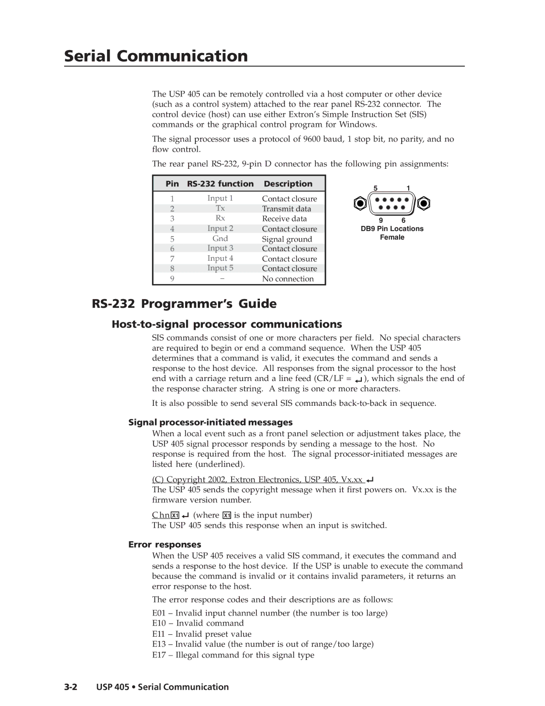 Extron electronic USP 405 manual RS-232 Programmer’s Guide, Host-to-signal processor communications, Error responses 