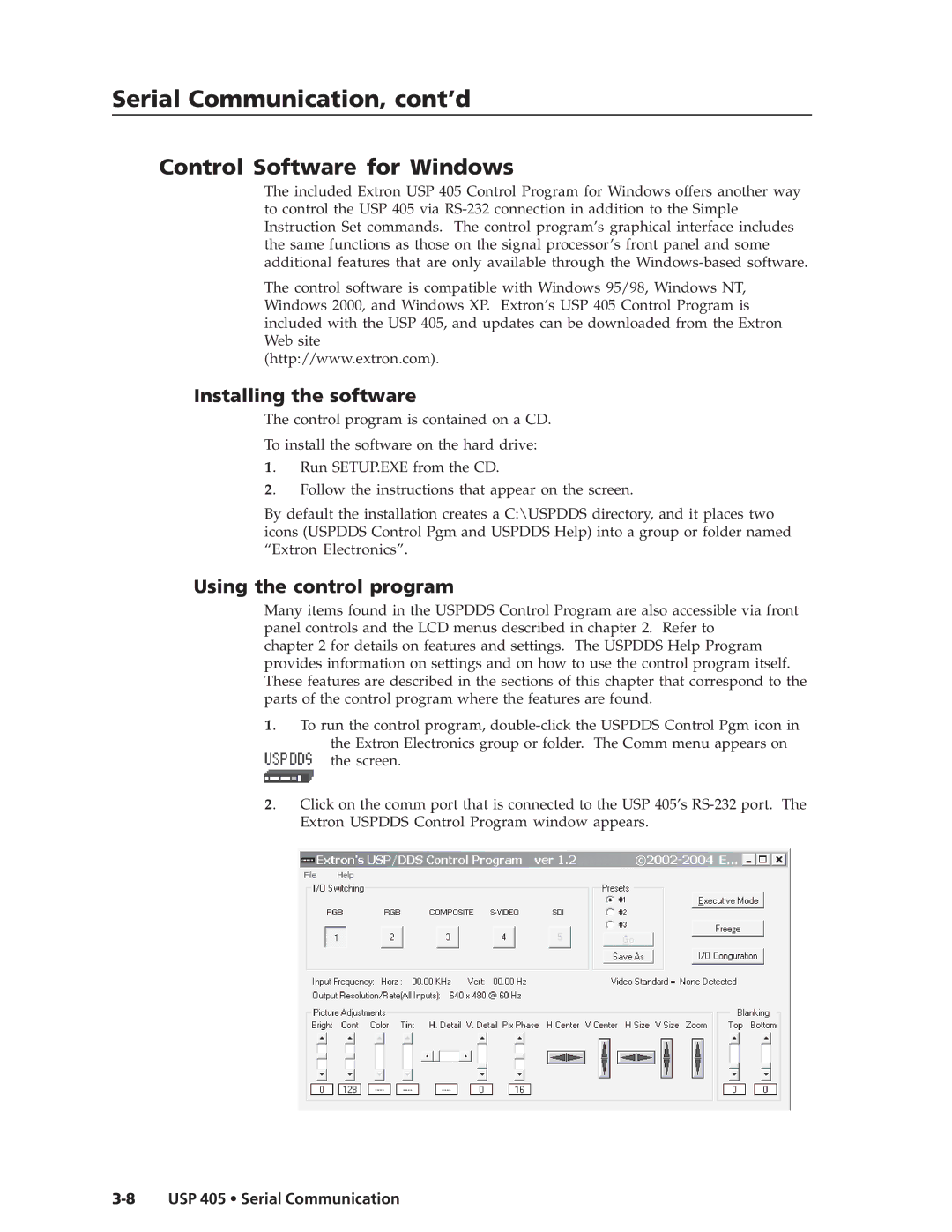 Extron electronic USP 405 manual Control Software for Windows, Installing the software, Using the control program 